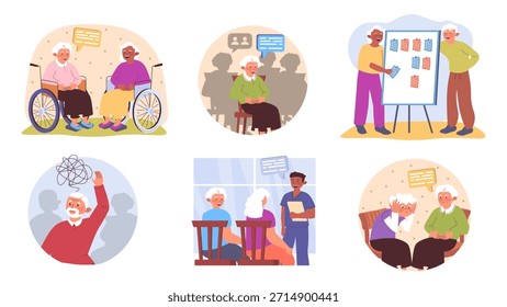 Conjunto de conceito de terapia em grupo sênior para design da Web. Coleção com desenho animado idosos conversando e ouvindo na sessão de psicoterapia, avós se encontrando com psicólogo. Ilustração vetorial.
