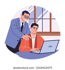 Senior guiding team member, flat illustration

