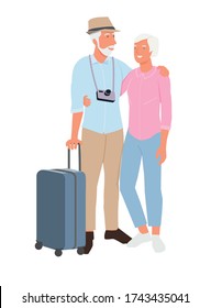 Senior happy couple  enjoying trip, travel tour. Active elderly concept with retired people around the world.Modern flat cartoon style.  
