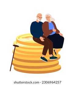 Senior Happy Pensioner Couple sitting on Huge pile of gold coins.Financial Money Wealth Concept ,Pension Deductions,Savings,Wealthy Stable Retirement.People Flat Vector Illustration isolated on white