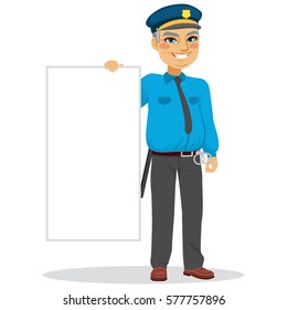 Senior happy smiling fat police man standing with uniform holding blank board
