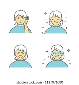 Senior, hard of hearing woman holding hand to her ear. Vector art, flat design on isolated background. Could be used as illustration of deaf problem, hearing loss, aging.