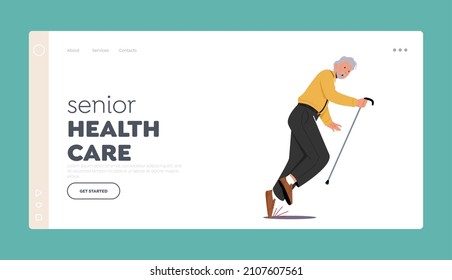 Senior Health Care Landing Page Template. Old Male Character Stumble on Road Falling Down on the Ground. Aged Man Clumsiness, Failure, Fracture and Health Problems. Cartoon People Vector Illustration