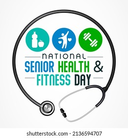 Senior health and fitness day is observed every year on last Wednesday in May. The common goal of this day is to help senior people stay fit and healthy. Vector illustration