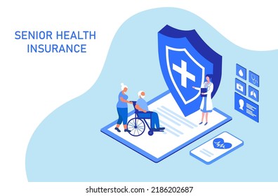 Senior health insurance concept, elderly on wheelchair buy medical and healthcare insurance for accident and health protection.