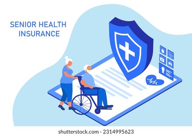 Senior health insurance concept, elderly on wheelchair buy medical and healthcare insurance for accident and health protection.