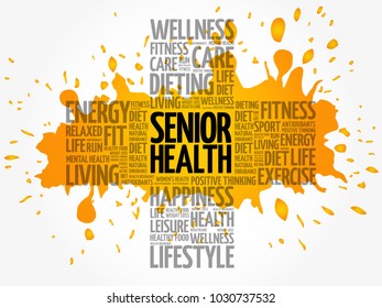 Senior health word cloud collage, cross concept background