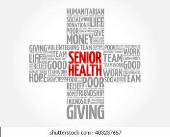 Senior health word cloud collage, cross concept