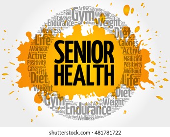 Senior health word cloud collage, health concept background