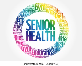 Senior health word cloud collage, health concept background