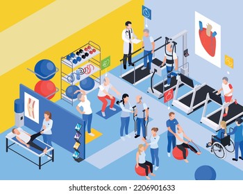 Senior healthcare healthy aging isometric composition with view of medical gym with assistants and checkup booth vector illustration