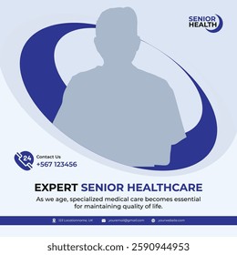 Senior healthcare social media banner with a doctor in blue scrubs. Ideal for clinics, hospitals, and elderly care promotions. Clean, modern, and professional design.