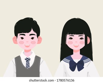 Senior High School Student In Japanese Uniforms. Senior High School Students Vector Illustration.