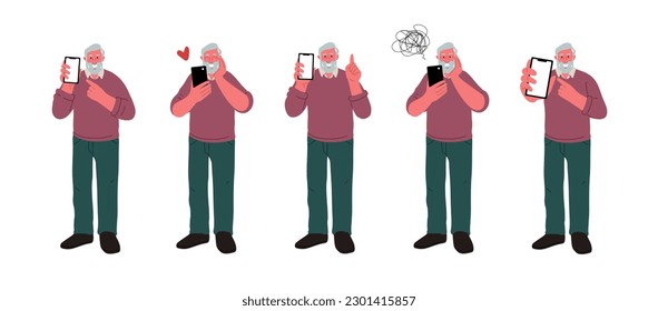 Teléfono móvil para adultos mayores.Colección de ancianos con diferentes sentimientos y problemas usando la tecnología moderna.Ilustración vectorial de estilo plano sobre fondo blanco