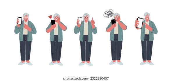 Teléfono móvil para adultos mayores.Colección de mujeres mayores con sentimientos y problemas diferentes usando tecnología moderna.Ilustración vectorial de estilo plano sobre fondo blanco