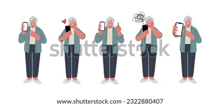 Senior hold mobile phone.Collection of elderly woman with diffent feelings and problems using modern technology.Vector illustration in flat style on white background