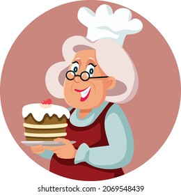 Senior Home Cook Holding a Plate Vector Cartoon Illustration. Funny granny with homemade sweet treat, chef hat and apron
