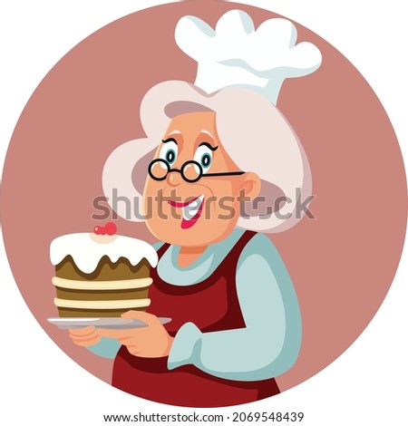 Senior Home Cook Holding a Plate Vector Cartoon Illustration. Funny granny with homemade sweet treat, chef hat and apron
