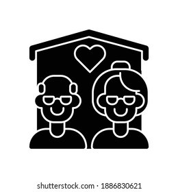 Senior housing black glyph icon. Nursing home. Retirement comfort dwelling. Elderly people healthcare. Residence for pension. Silhouette symbol on white space. Vector isolated illustration