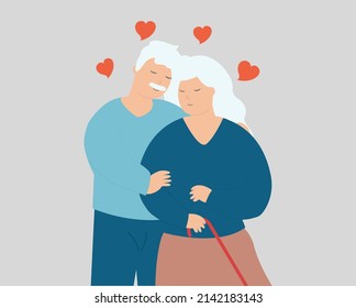 Senior husband and wife stand together and hug each other. Elderly man and woman couple hold hands with care. Family support, mature people relationship, marriage and true love concept. Vector stock