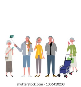 Senior illustration vector using smartphone