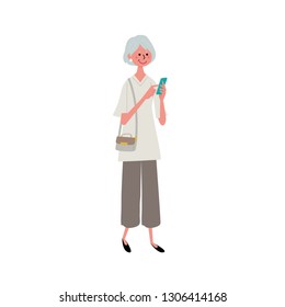 Senior illustration vector using smartphone