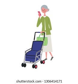 Senior illustration vector using smartphone