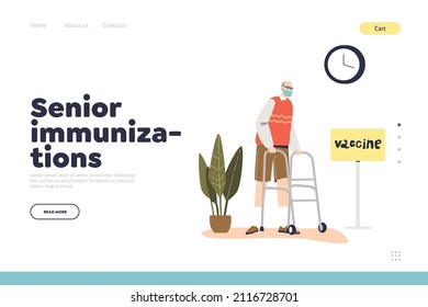 Senior immunizations concept of landing page with old man in hospital vaccinated for coronavirus disease prevention. Aged male get covid-19 vaccine for immunization. Cartoon flat vector illustration
