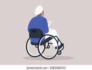 A senior Indian man in a wheelchair, seen from behind, reading a daily newspaper