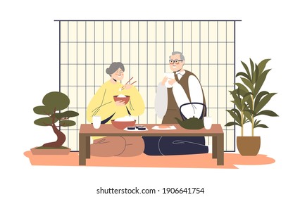 Senior Japanese Couple Having Dinner Together At Home Sitting On Floor With Traditional Asian Food. Older Eastern Man And Woman Dining. Cartoon Flat Vector Illustration