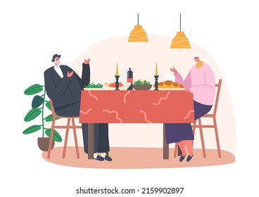 Senior Jewish Couple Celebrating Or Having Dinner At Home. Old Man Wear Kippah And Woman Sitting At Table With Meals And Candles, Traditional Israel Family Eating. Cartoon People Vector Illustration