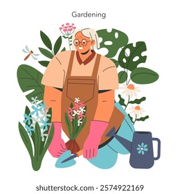 Senior joy in gardening activities. An elderly person finding companionship in nature, nurturing plants with care and dedication. Vector illustration.