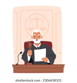 Senior Judge Character With Gavel Seated At Desk, Presiding In Court, Delivering Justice And Maintaining Order With Authority, Experience, And Impartiality. Cartoon People Vector Illustration