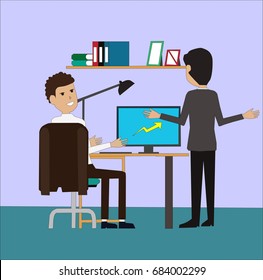 Senior and junior businessman discussing at the table together with computer. Businesspeople analysing graphs, charts and diagrams on PC screen concept illustration vector.
