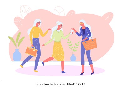 Senior Ladies Characters Going Shopping. Old Friends Having Good Time Together, Meeting and Chatting in Friendly Way. People in Retirement Age Active and Modern Lifestyle. Flat Vector Illustration.