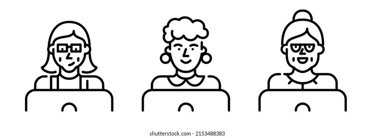 Senior ladies using laptop icons set. Pixel perfect, editable stroke icon