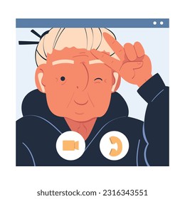 Senior lady blogger doing victory sign hand gesture while recording new content for social media. Elderly people video communication and active lifestyle vector illustration