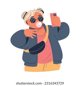 Senior lady blogger in stylish trendy outfit blowing bubble with bubble gum while recording new content for social media. Elderly people video communication vector illustration