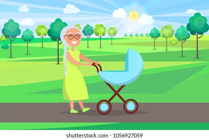 Senior lady with blue trolley pram walking in city park taking care about newborn boy on background of green trees in park vector illustration