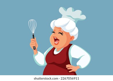 
Senior Lady Chef Holding Egg Whisk Vector Cartoon Illustration. Funny grandma with eggbeater ready to cook at home
