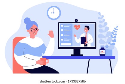 Senior lady consulting doctor online. Old patient having conference chat with physician flat vector illustration. Consultation, lockdown concept for banner, website design or landing web page