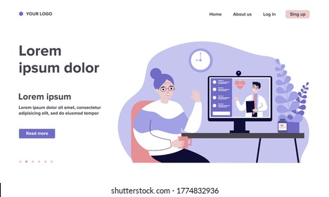 Senior lady consulting doctor online. Old patient having conference chat with physician flat vector illustration. Consultation, lockdown concept for banner, website design or landing web page