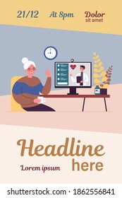 Senior lady consulting doctor online. Old patient having conference chat with physician flat vector illustration. Consultation, lockdown concept for banner, website design or landing web page