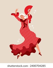 Senior lady dancing Spanish flamenco.  Aged lady dancing. Spanish culture. Active retirement concept. Flat vector character