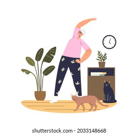 Senior lady doing exercises training at home. Active elder female workout in living room. Fitness for retired, hobby and healthy lifestyle concept. Cartoon flat vector illustration