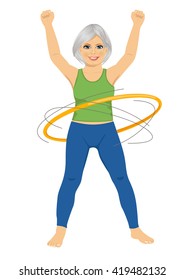 senior lady doing gymnastic with hula-hoop 