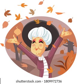 Senior Lady Enjoying Autumn Season Vector Illustration. Stylish granny enjoying fall colors and foliage
