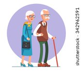 Senior lady and gentleman with silver hair walking together arm-in-arm. Old age couple. Flat style vector illustration isolated on white background.