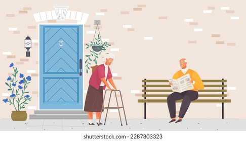 Senior lady and gentleman with silver hair walking together around house. Old age couple, pensioner sitting on bench outdoors. Grandparents with cane and walker. Retirement, relationship concept