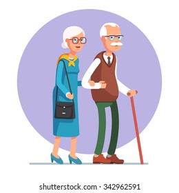 Senior lady and gentleman with silver hair walking together arm-in-arm. Old age couple. Flat style vector illustration isolated on white background.